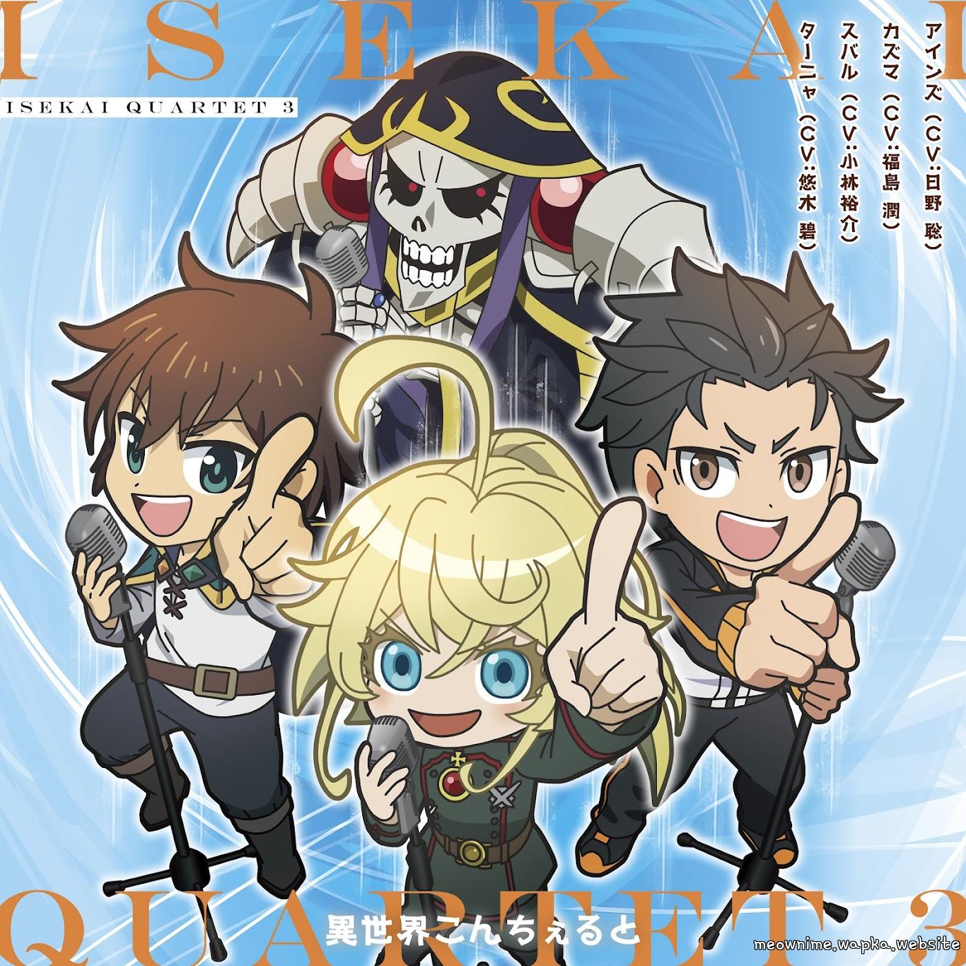Ainz (CV: Satoshi Hino), Kazuma (CV: Jun Fukushima), Subaru (CV: Yuusuke Kobayashi), Tanya (CV: Aoi Yuuki) - Isekai Concerto [Opening Isekai Quartet 3rd Season] cover art on Wallkpop