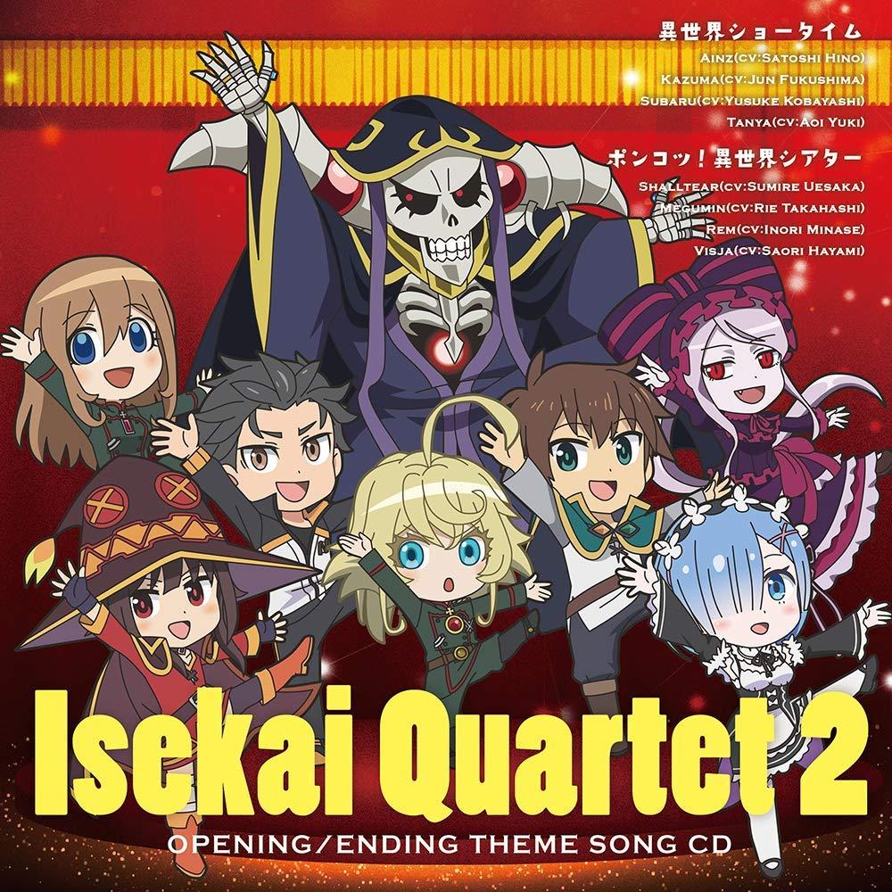 Shalltear (CV: Sumire Uesaka), Megumin (CV: Rie Takahashi), Rem (CV: Inori Minase), Viktoriya (CV: Saori Hayami) - Ponkotsu! Isekai Theater [Ending Isekai Quartet 2] cover art on Wallkpop